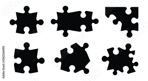 Six black puzzle pieces arranged on a white background