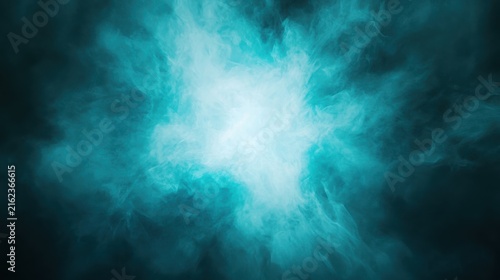 Teal smoke burst expands outward against a dark background in a dramatic central explosion.