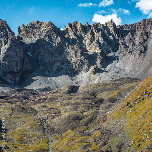 Картината върху платно Landscape Kazachstan, NATURE, mountain trees, river grees , clubs,, blue, peak,