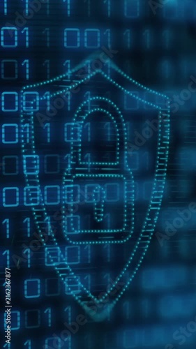 Animation of binary code over lights and digital shield with padlock