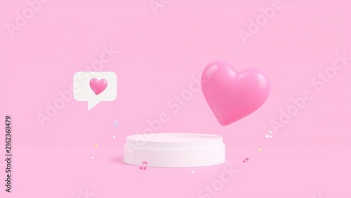 3d pink heart shape with a social media notification bubble and product display podium on a soft pastel pink background