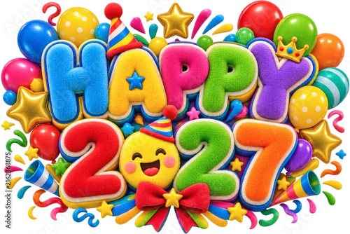 Happy New Year 2027 festive celebration with balloons, confetti, and party hats, a joyous and vibrant greeting for the upcoming year