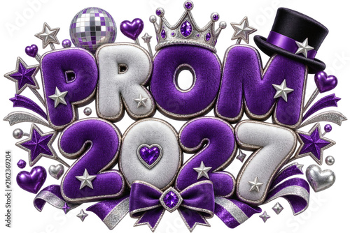 Purple and Silver Festive Decorative Text Design for a Formal School Graduation Dance Event Celebrating the Class of Two Thousand Twenty Seven