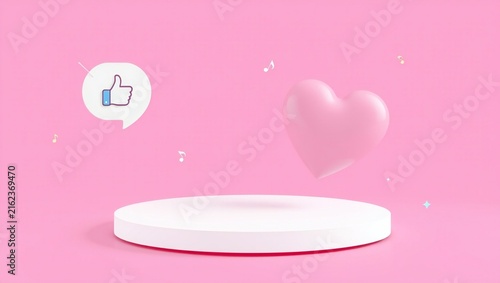 3d podium with a floating pink heart and a like icon speech bubble on a soft pink background for social media marketing and product display