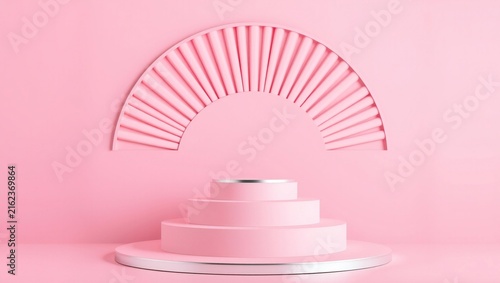 Pink round podium display stand for product presentation with semi circle arch background