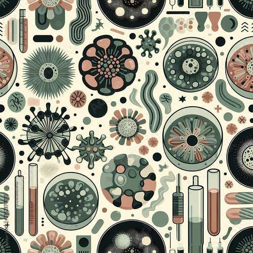 A stylish seamless repeating pattern of stylized microbes, petri dishes, and virus shapes arranged as a fashionable all-over print for scrubs, packaging, or wallpaper, Ai generated image