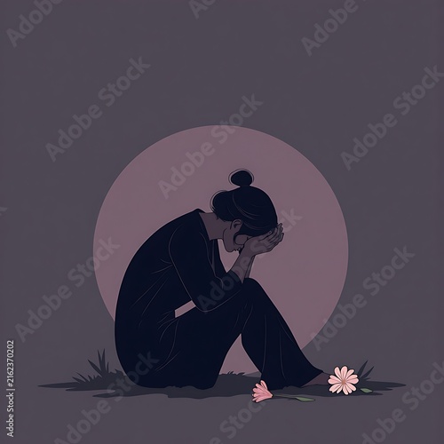 Sorrowful Seated Person With Lowered Head Beside a Fallen Flower