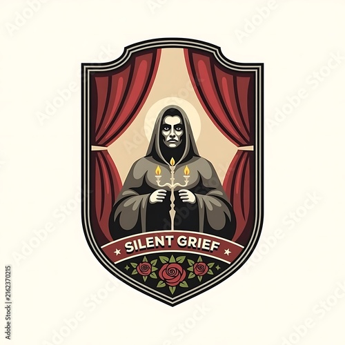 Sorrowful Figure Framed by Drapery Extinguished Candles and Rose Petals