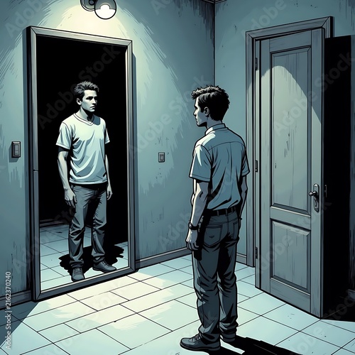 Person Facing an Independent Reflection in an Eerie Mirror