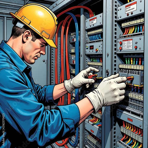 Worker Professionally Wiring a Complex Industrial Control Panel