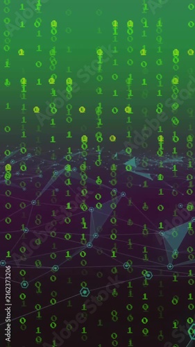 Animation of binary coding data processing with glowing neon light trails