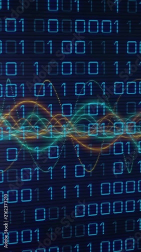 Animation of binary coding data processing with glowing neon light trails