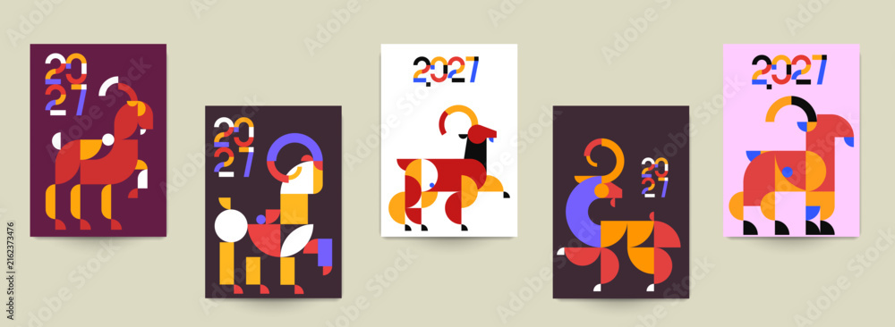Fototapeta premium Set of colorful geometric year 2027 Chinese new year posters with goat ram sheep goat zodiac symbol created with abstract shapes in modern cubism style.