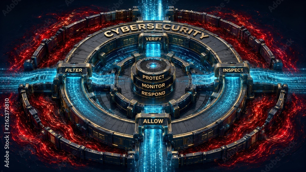 Naklejka premium Cybersecurity Concept with Data Protection, Encryption, Cloud Security and Threat Detection