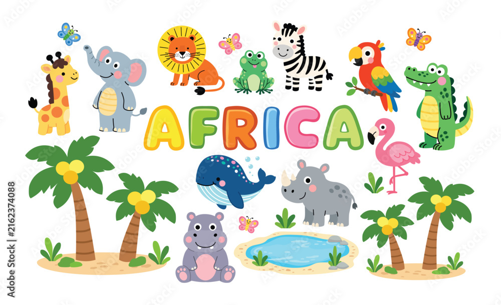 Obraz premium A cheerful collection of cute African animals in a colorful cartoon style, featuring a giraffe, elephant, lion, zebra, crocodile, rhinoceros, hippopotamus, flamingo, parrot, frog, whale, butterflies