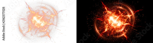 Glowing orange fireball explosion with intense sparks radiating outwards creating circular shockwaves and dynamic motion light effects on transparent background