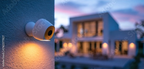 Security camera mounted on wall overlooking house at dusk