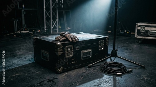 Black heavy-duty road case with work gloves on stage under a theatrical spotlight ray.