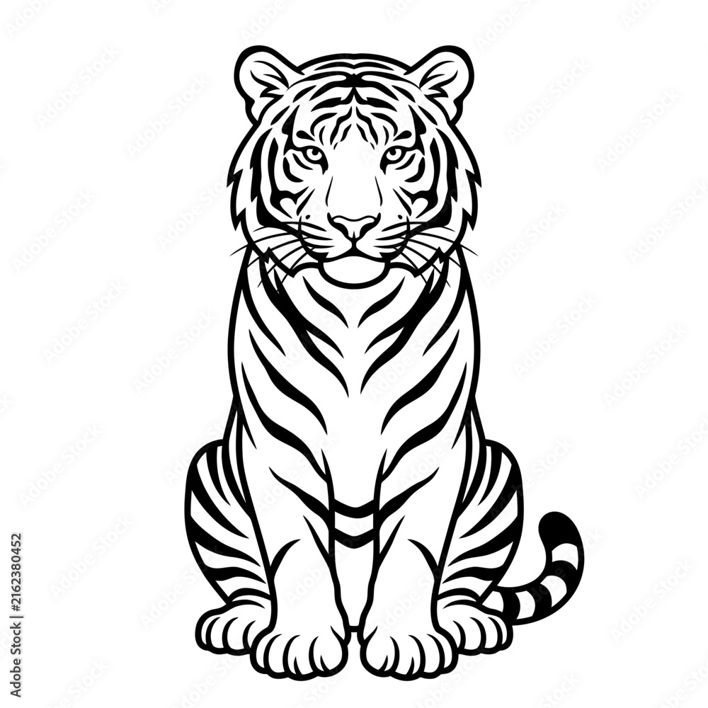 Fototapeta premium Stylized black and white illustration of a sitting tiger.