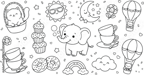 Cute kids line art set kitten elephant hot air balloon sun moon cupcakes coloring page vector illustration collection.