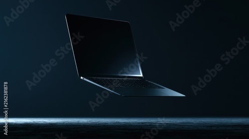 A modern laptop floating in dark atmospheric lighting with a sleek dark background. Ideal for technology and business advertisement concepts.