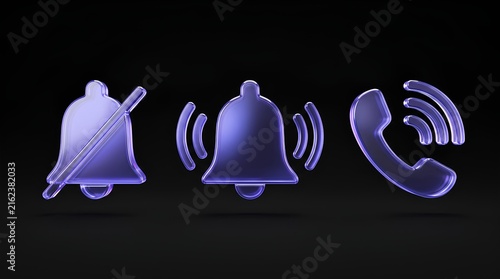 Purple 3D glass bell and telephone communication icons.