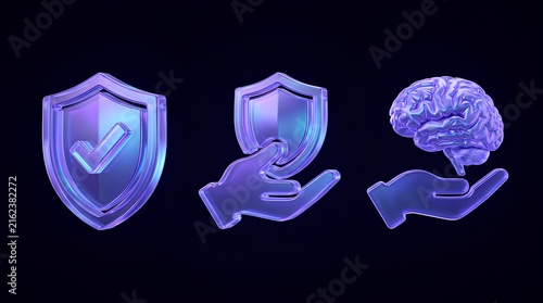 Purple glass hands with shield icons.
