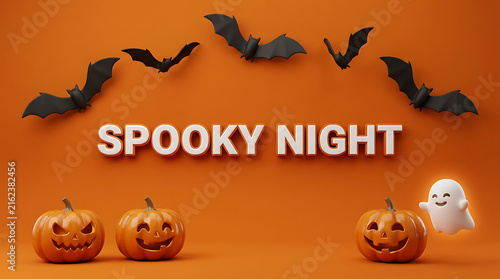Spooky halloween night with pumpkins and bats