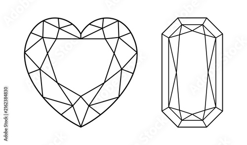 Diamond Radiant, Heart cut shape icons. Design diagrams set. Brilliant Heart, Radiant modified cut patterns. Precious gemstone outline sample for jewellery design, branding, packaging, logo, web, app.