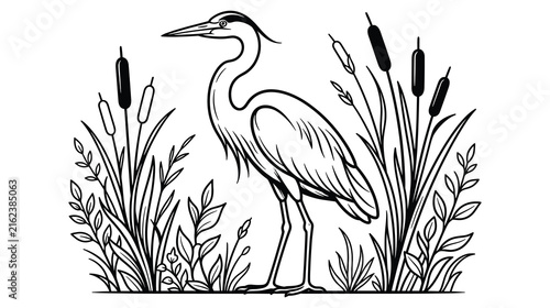 Heron bird black outline illustration wetland wildlife line sketch.