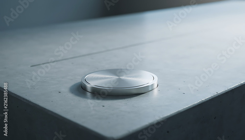 Close-up of a Sleek Brushed Metal Round Button Embedded in a Grey Textured Concrete Surface for Modern Industrial Design and Technology Concept.