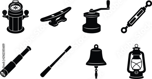 Картината върху платно Maritime Nautical Silhouette Icons for Navigation and Ship Equipment Vector Coll