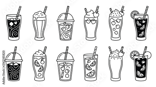 Assorted cold drinks icon set refreshing beverage black line art.