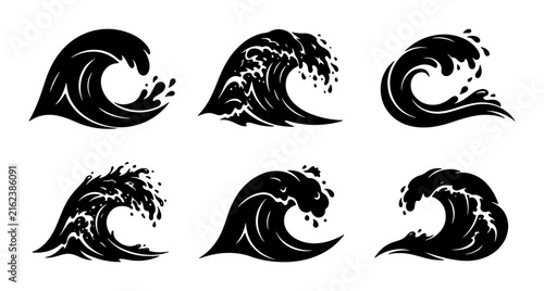 Dynamic Black Wave Illustrations, Set of 6 Vector Icons: Ocean Swells, Sea Surges, Water Splashes for Coastal Designs, Nautical Themes, and Marine Art