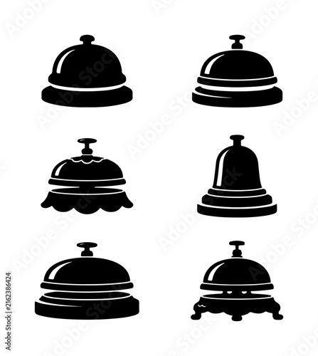Service Bell Icons, Reception Desk Bells, Vintage Hotel Call Buttons, Customer Service Symbols, Black Silhouette Vector Collection