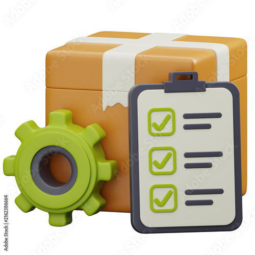 3D Render of Cardboard Box with Clipboard and Gear