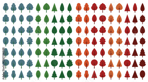 Collection of various stylized flat tree icons in different shapes and colors representing seasonal forest foliage