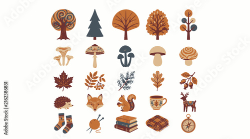 Set of autumn forest elements, including trees, mushrooms, leaves, woodland animals, cozy items, books, and a compass, handdrawn vector illustration
