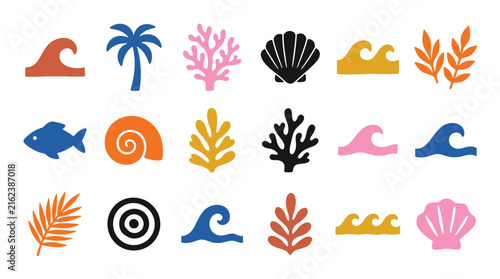 Set of colorful summer beach icons, including palm tree, sea shells, tropical leaves, fish, and ocean waves, flat vector illustrations