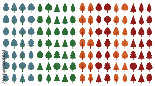 Set of various stylized tree icons in blue, green, and red colors, flat vector illustration of different forest plant shapes