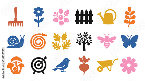 Set of colorful garden icons including flowers, insects, tools, and plants