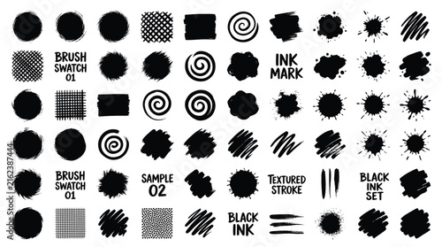 Collection of black ink brush strokes, hand drawn grunge shapes, vector design elements, paint splatters, circles, and textures