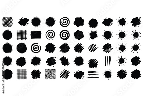 Set of black ink brush strokes, grunge textures, circles, spirals, and handdrawn shapes