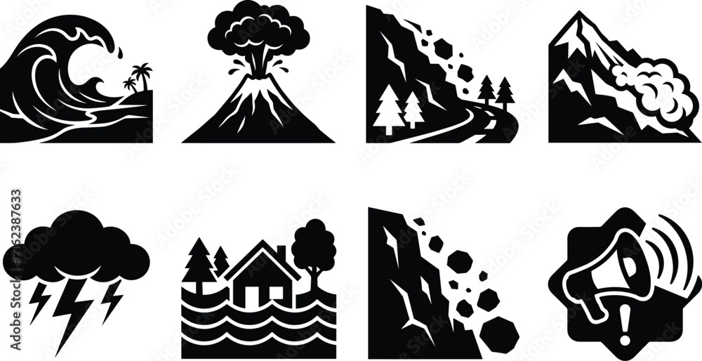Fototapeta premium Natural Disasters and Emergency Alert Silhouette Icons Vector Collection