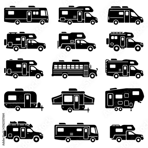Bild auf Leinwand Rv motorhome camper van icon set travel vehicle vector illustration with motorho