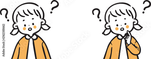 疑問を持つ女の子のイラストセット　上半身　ベクター（オレンジ）