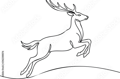 Black and white of a leaping deer silhouette against a plain background, jumping deer outline, line animal silhouette
