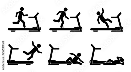 Treadmill Workout Safety Icons, Fitness Exercise Danger Symbols, Running Machine Accident Pictograms, Health Risk Illustrations