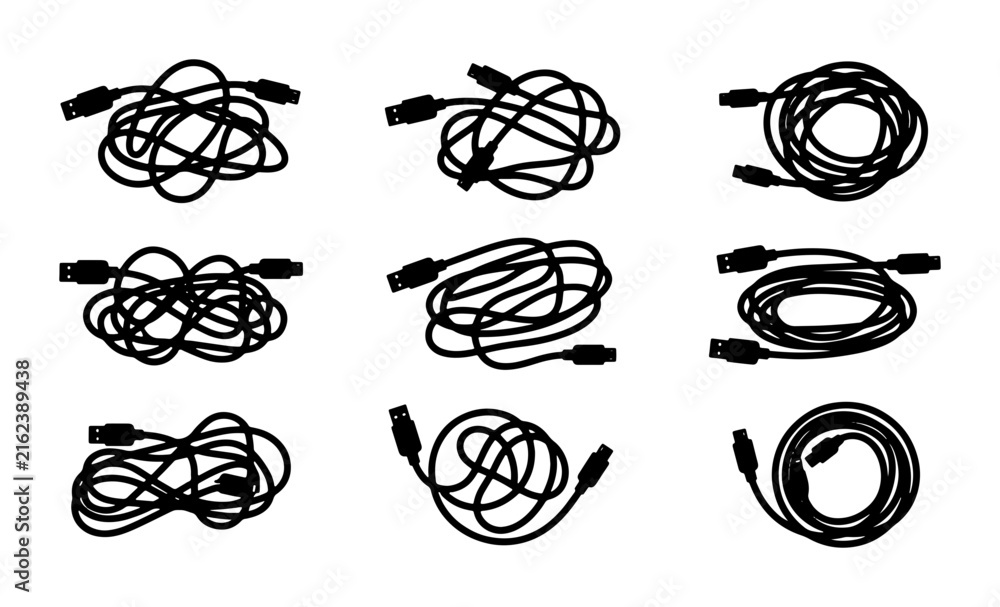 Obraz premium Tangled Cables Vector Icons Set, Messy Wires Silhouette Collection, Electronic Cord Clutter Graphics, Connectivity Problems Illustration