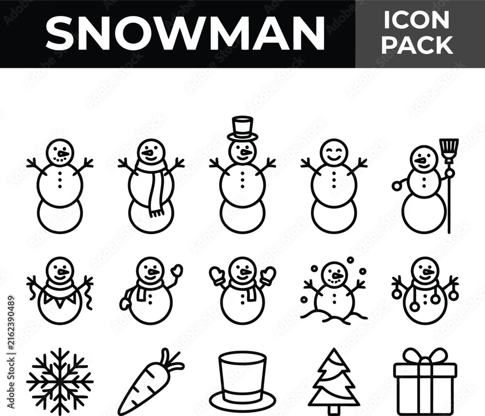 Fototapeta premium Collection of snowman line icons featuring winter holiday elements and symbols